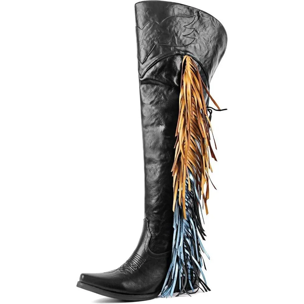 Women Black Polyurethane Pointed Toe Fringe Adjustable Thigh High Cowgirl Boot